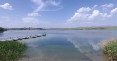 Yeşil çayır ve göl manzarası. Mavi gökyüzü ve doğa. Hava Aracı 4k 