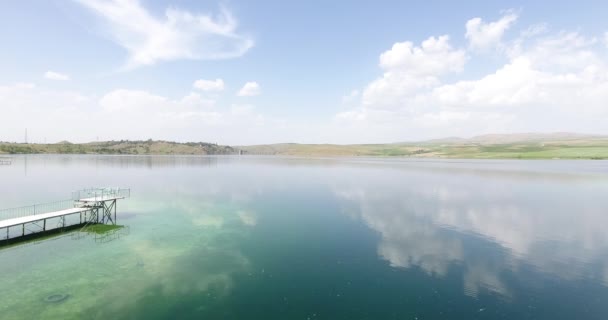 Uitzicht Groene Weiden Het Meer Blauwe Lucht Natuur Luchtdoeldrone — Stockvideo