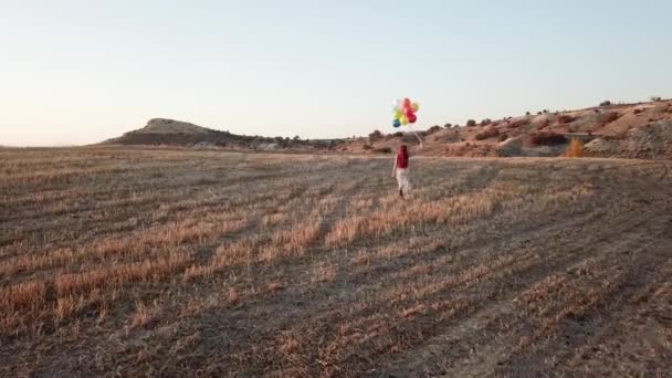 Menina Alegre Feliz Com Balões Correndo Através Prado Pôr Sol — Vídeo de Stock