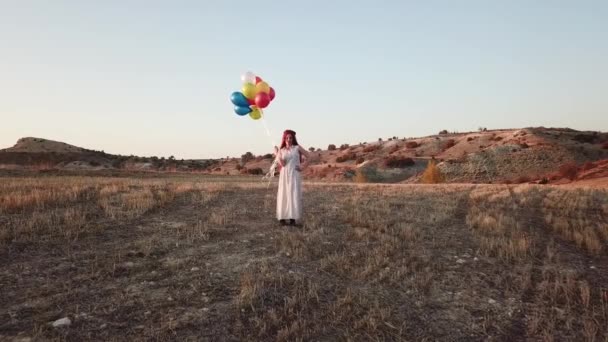 Happy Cheerful Girl Balloons Running Meadow Sunset Nature Summer Drone — Stock video