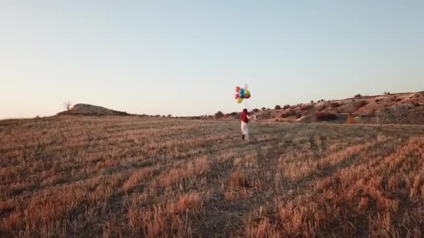 Chica Alegre Feliz Con Globos Colores Corriendo Por Prado Atardecer — Vídeos de Stock