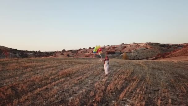 Menina Alegre Feliz Com Balões Coloridos Correndo Através Prado Pôr — Vídeo de Stock