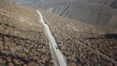 Sonbahar manzarasında dağ ve orman yolunda seyahat eden bir araba. seyahat ve seyahat konsept drone video. 