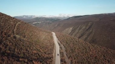 Sonbahar manzarasında dağ ve orman yolunda seyahat eden bir araba. seyahat ve seyahat konsept drone video. 