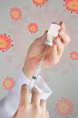 Sıvı aşılarla dolu bir şırıngayı laboratuvarda tutan doktor ya da bilim adamı olan Covid-19 Corona virüsüne karşı kavramsal mücadele: hastalıklar, tıbbi bakım, bilim.   