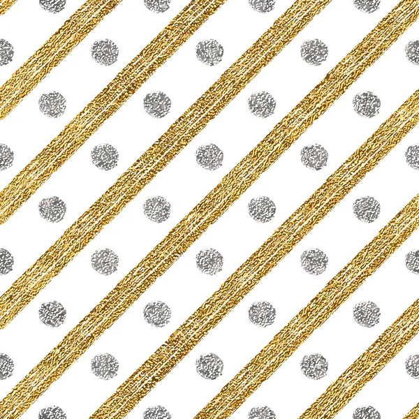 Геометрический бесшовный узор из золотого блеска и диагонального круга с серебряными штрихами — стоковый вектор