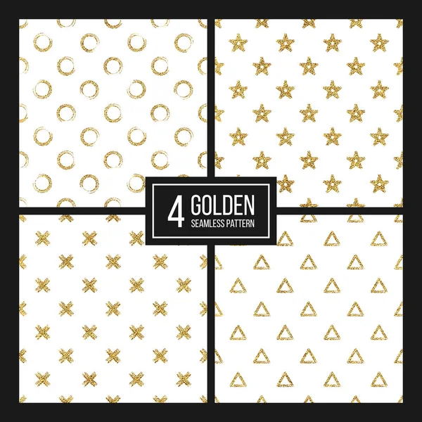 Conjunto de padrão sem costura ouro brilho bolinhas, triângulo, estrela, cruz — Vetor de Stock