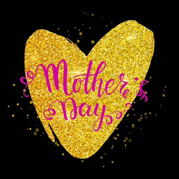 Dia das mães lettering no coração dourado fundo preto —  Vetores de Stock