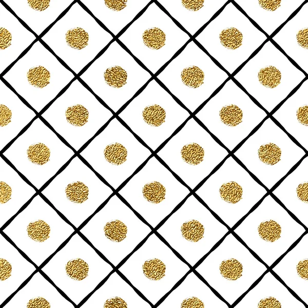 Grunge nahtloses Muster aus Gold und schwarzem Käfig, Kreis — Stockvektor