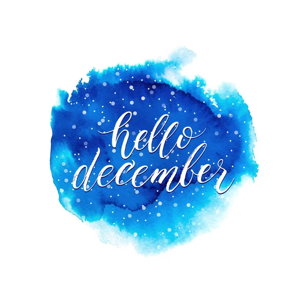 Hallo december tekst op blauwe aquarel splash — Stockvector