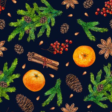 Sulu Boya Noel desenle çam dalları, kırmızı meyveler, koniler