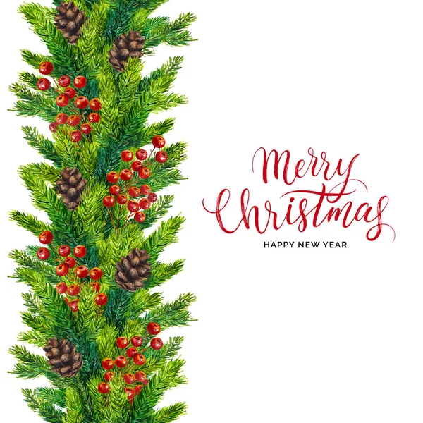 Xmas text on watercolor border of fir branches
