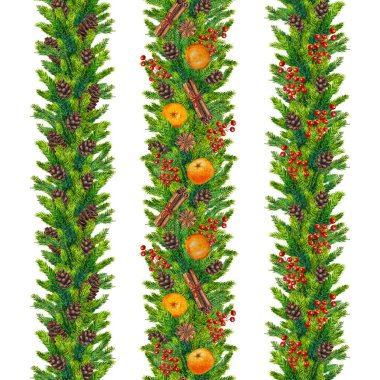 Sulu Boya Noel kesintisiz Kenarlıklar çam dalları, koniler, kırmızı dut