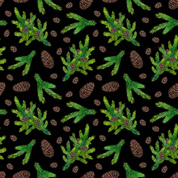 Акварель Xmas шаблон с еловыми ветвями и сосновыми шишками — стоковое фото