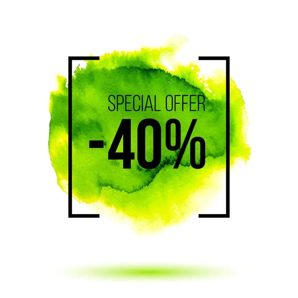 Abstract green watercolor splash with discount 40 percent off sale — Stock Vector