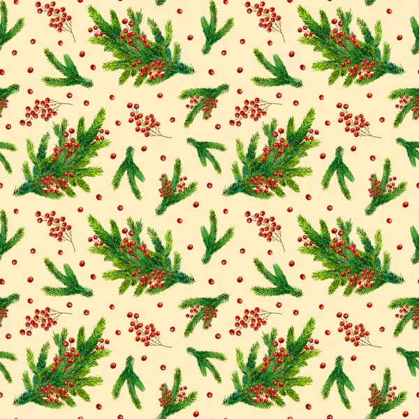 Akvarelu vánoční vzor s větvemi jedlí a červené bobule — Stock fotografie