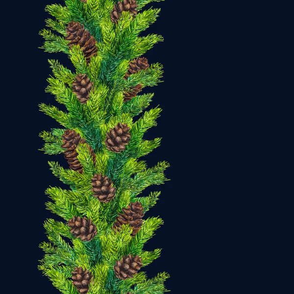 Ακουαρέλα Χριστούγεννα απρόσκοπτη σύνορα των κλάδων ελάτης και pinecones — Φωτογραφία Αρχείου