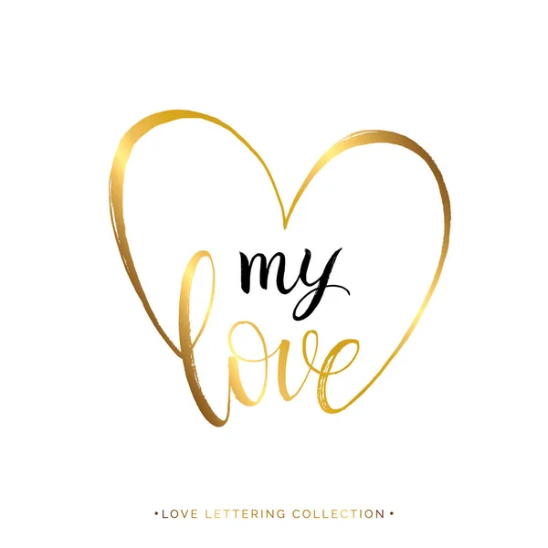 My Love Gold Text im Herzen isoliert auf weißem Hintergrund — Stockvektor