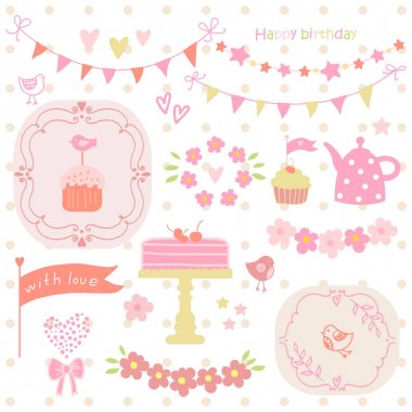 Doğum günü partisi, tebrik kartları için öğeler kümesi. Kek, cupcake, su ısıtıcısı, kuş, çelenk.