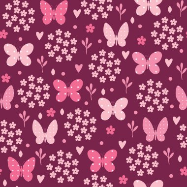Kelebek, çiçek ve kalpler ile dikişsiz desen. Vektör çizimi.