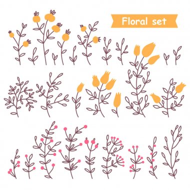 Elle çizilmiş çiçek öğeleri. Çiçek kümesi. Vektör çizim.