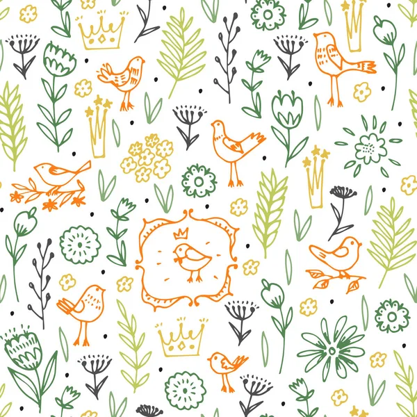 Seamless pattern with birds, flowers and leaves on white background. — Stock Vector