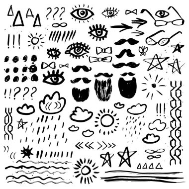 Küme doodle. Bıyık, sakal, gözler, yıldız, güneş, bulutlar. Grunge öğeleri. Fırça konturları ve sıçramak.