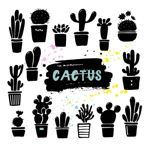 Siluetas de cactus vectoriales en las macetas. Conjunto dibujado a mano de cactus y suculentas . — Archivo Imágenes Vectoriales