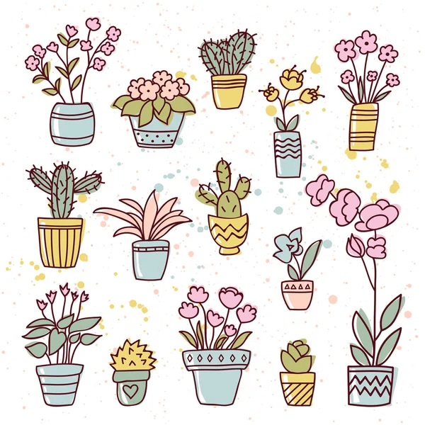 Flores y cactus dibujados a mano en las macetas. Conjunto vectorial de plantas y suculentas . — Archivo Imágenes Vectoriales