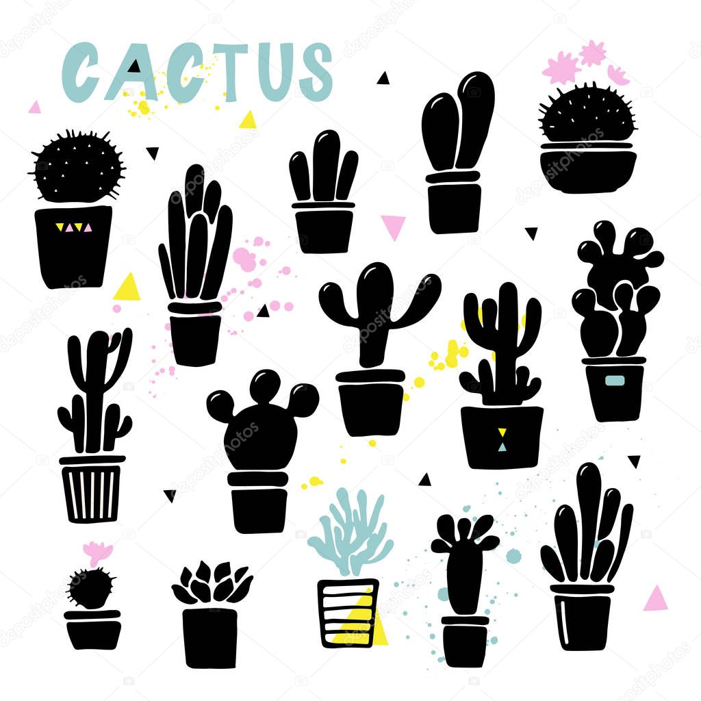 Vector cactus silhouettes in the pots. Hand drawn set of cactus and succulents.