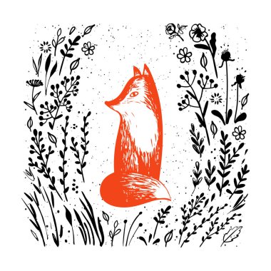El fox, çiçekler ve bitkiler çekilmiş. Vektör çizim.
