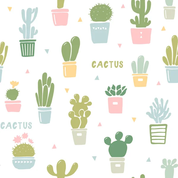 Seamless pattern with cactus and succulents in the pots. Hand drawn background. Vector illustration. — Stock Vector