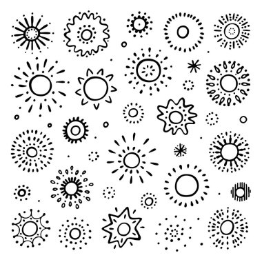 Elle çizilmiş güneş. Güneş simgesi. Stilize güneş. Vektör çizim.