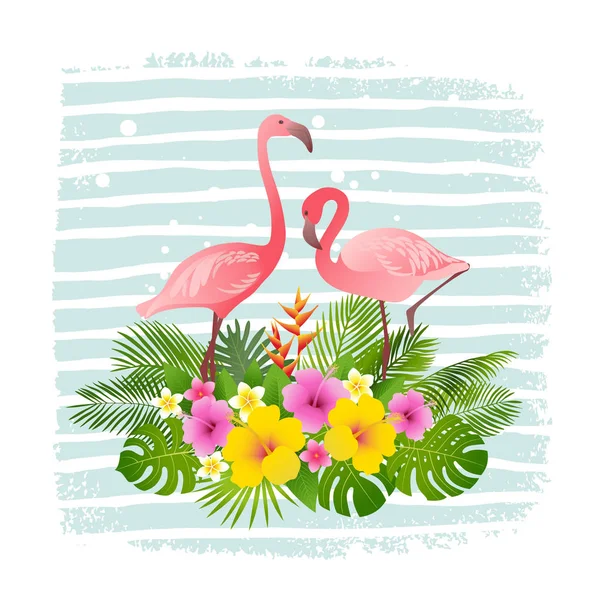 Diseño tropical de verano. Flamenco, hojas de palma, plantas tropicales, flores. Ilustración vectorial . — Vector de stock