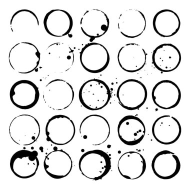 Şarap ya da kahve lekeleri kümesi. Noktalar ve splatters. Siyah siluetler. Vektör çizim.