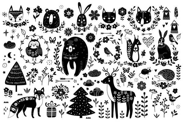 Conjunto vectorial de animales lindos: zorro, oso, conejo, ardilla, lobo, erizo, búho, ciervo, gato, ratón, aves. Colección de elementos gráficos: flores, estrellas, nubes, flechas . — Archivo Imágenes Vectoriales