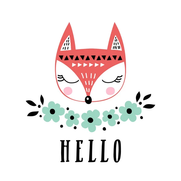 かわいいキツネとベクトル カード。かわいい動物。あなたのデザインの要素です。こんにちはテキストのはがき。面白い漫画の動物. — ストックベクタ