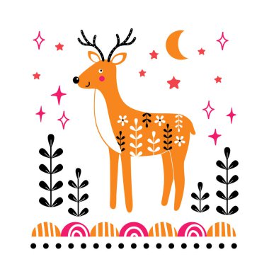 Geyik ile vektör kartı. Gösterim amacıyla çocuk parmak, selamlar, poster, tişört, paketleme, davet ediyor. Kartpostal ile sevimli hayvan.