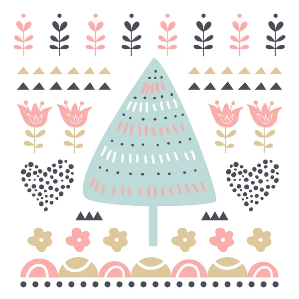 Vector card with fir tree and flowers. Illustration for childrens prints, greetings, posters, t-shirt, packaging, invites. Element for your design. — Stock Vector