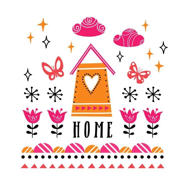 집, 꽃과 나비 벡터 카드입니다. 어린이 위한 그림 인쇄, 포장, t-셔츠, 포스터, 인사말. — 스톡 벡터