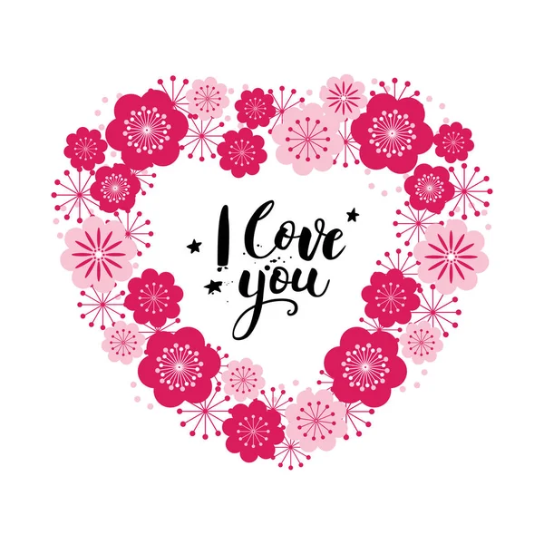 Tarjeta de San Valentín con letras. Te quiero. Te quiero. Corazón floral. Ilustración vectorial . — Vector de stock