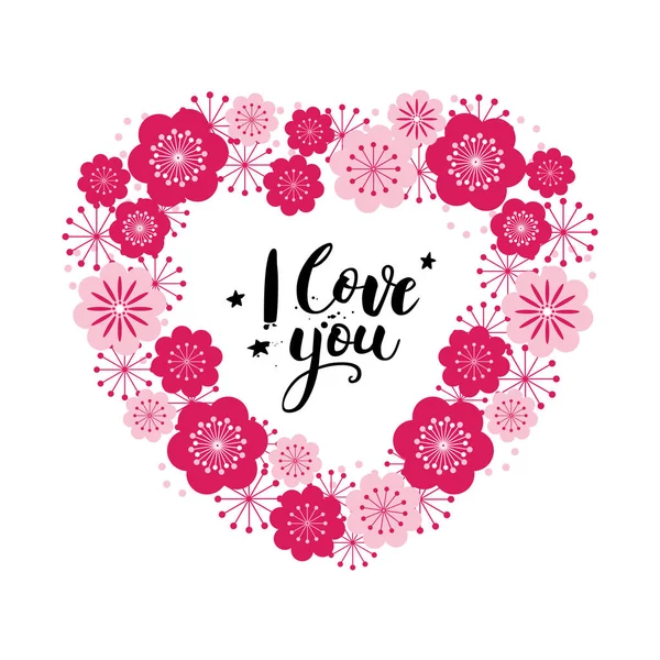 Valentines day card with lettering. I love you. Floral heart. Vector illustration. — Stock Vector