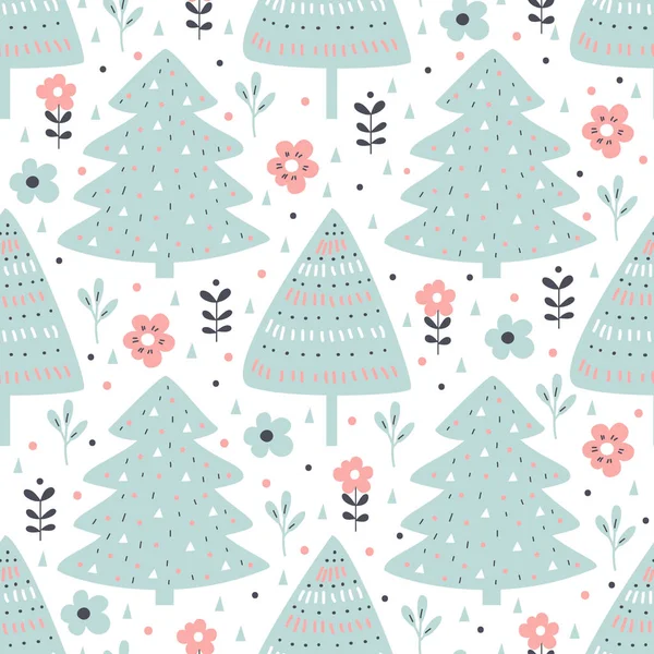 Seamless pattern with fir tree and flowers in cartoon style. Vector illustration. — Stock Vector