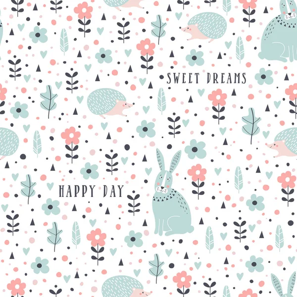 Seamless pattern with rabbits, hedgehogs and flowers in cartoon style. Vector illustration. — Stock Vector