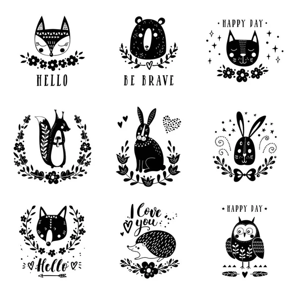 Vector set of cute animals: fox, bear, rabbit, squirrel, wolf, hedgehog, owl, cat. Illustrations for childrens prints, greetings, posters, t-shirt, packaging. — Stock Vector