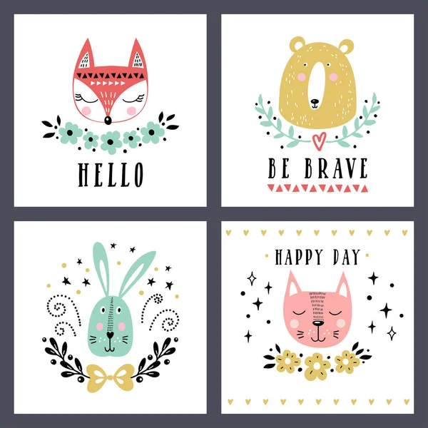 Ensemble vectoriel d'animaux mignons : renard, ours, lapin, chat. Illustrations pour enfants impressions, salutations, affiches, t-shirt, emballage. Cartes avec de jolies illustrations . — Image vectorielle