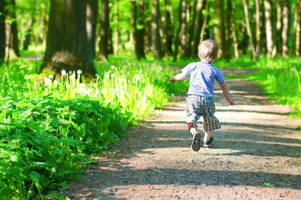 Cute toddler is running along forest path.