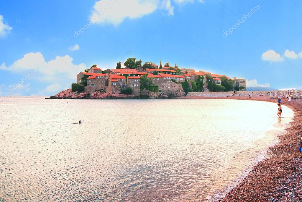View of the island-resort of St. Stefan (Sveti Stefan) on the Budva Riviera, Budva, Montenegro.