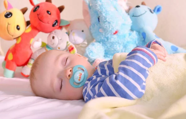 Lindo bebé es dulcemente durmiendo con su peluche juguetes — Foto de Stock