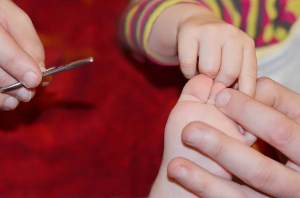 Przycinanie paznokci jako gra: tata wyciąć paznokcie jego mały syn. — Zdjęcie stockowe